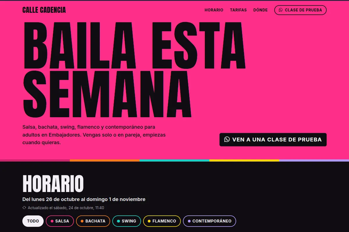 Portada de la web de ejemplo de Estudio de Baile Calle Cadencia