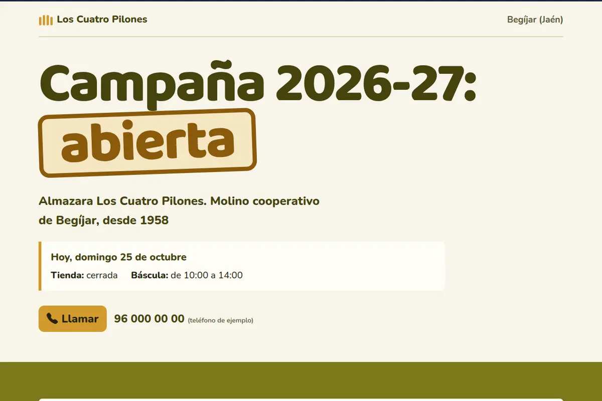 Portada de la web de ejemplo de Almazara Los Cuatro Pilones