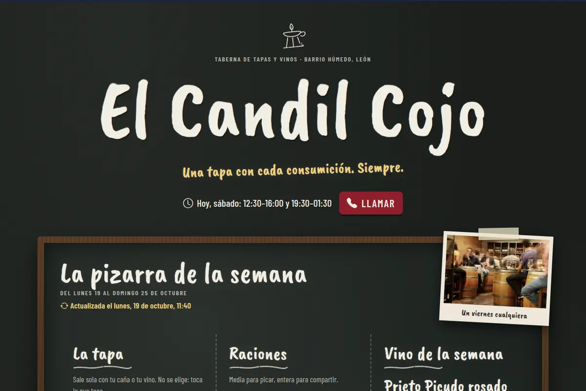 Portada de la web de ejemplo de Taberna El Candil Cojo