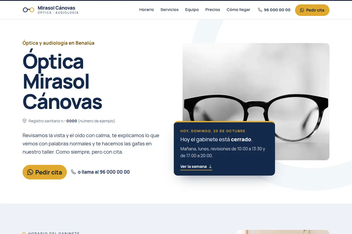 Portada de la web de ejemplo de Óptica Mirasol Cánovas