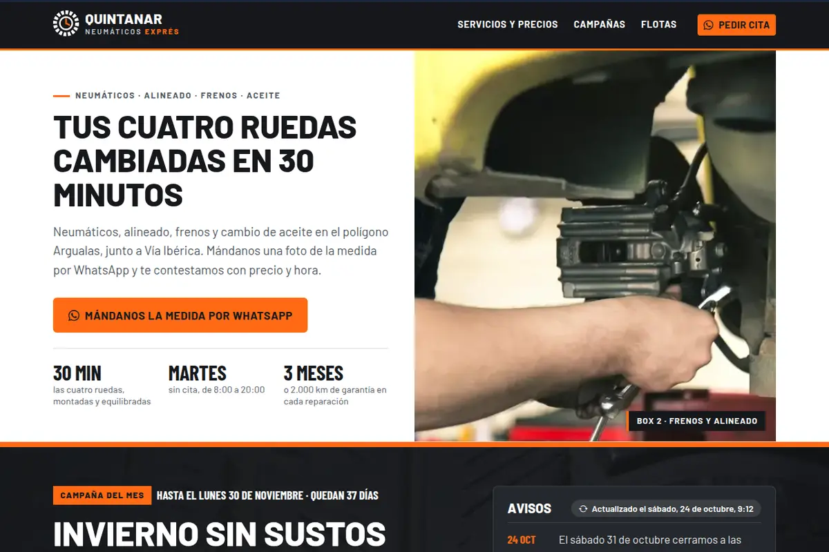Portada de la web de ejemplo de Neumáticos Quintanar Exprés
