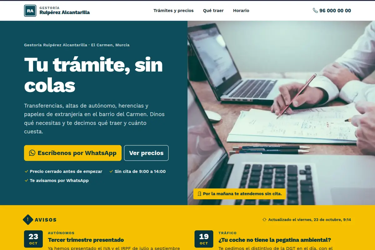 Portada de la web de ejemplo de Gestoría Ruipérez Alcantarilla