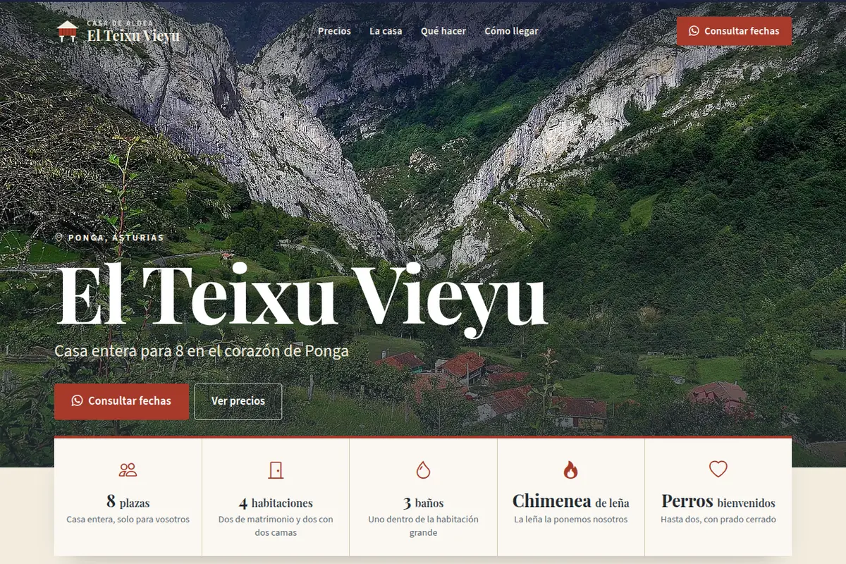 Portada de la web de ejemplo de Casa de aldea El Teixu Vieyu